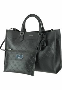 Czarna skórzana torba typu tote z tłoczonym wzorem, podwójnymi uchwytami i dwoma akcentami w postaci chwostów. Zawiera odpinaną dopasowaną saszetkę zapinaną na zamek.