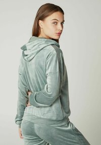 Felpa in velour verde chiaro con cappuccio, maniche lunghe e dettagli laterali texture. Tessuto morbido e liscio con una silhouette aderente.