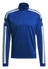 Blauw sportief langemouwen T-shirt met een kwart rits, witte zijsstrips, geribde manchetten en een "AEROREADY" label op de zoom. Adidas-logo op de mouw.