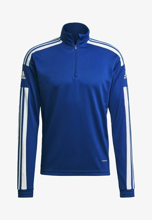 Haut de sport bleu à manches longues avec zip quart, bandes latérales blanches, poignets côtelés et étiquette "AEROREADY" en bas. Logo Adidas sur la manche.