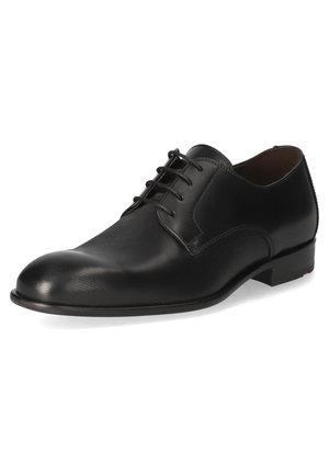 Black dress shoe with a rounded toe, smooth leather upper, textured design, lace-up closure, and a low heel.