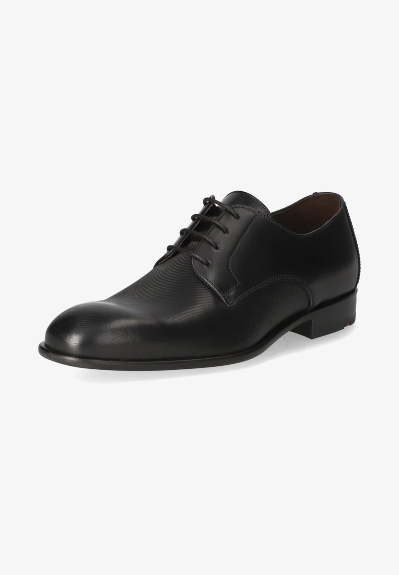Black dress shoe with a rounded toe, smooth leather upper, textured design, lace-up closure, and a low heel.