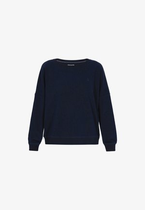 Temno modra majica z dolgimi rokavi iz mehke tkanine, z okrolim izrezom, spuščenimi ramenami ter rebrastimi manšetami in spodnjim delom. Na prsih majhen detajl z logotipom.