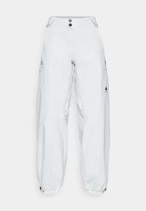 White, loose-fitting ski pants made of waterproof material, featuring two zippered side pockets, button closure, and elastic cuffs.
