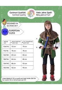 Costume outfit featuring a brown and green tunic with a hood, yellow trim, blue sword, and dark pants. Model wears red footwear.