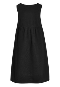 Robe noire sans manches avec un col rond, taille froncée et silhouette en A à mi-genoux. Fabriquée en tissu texturé.