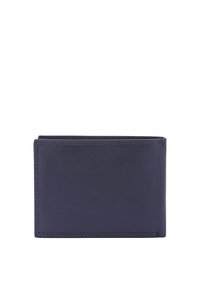 Portafoglio bifold in pelle blu navy con texture liscia, design minimalista e cuciture visibili lungo i bordi, privo di hardware esterno.