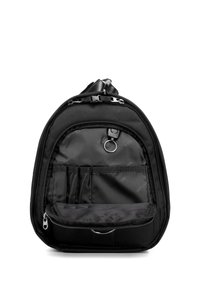 Schwarzer Stoffrucksack in runder Form, mit einem Reißverschluss, Innenfächern und einem metallenen Ringdetail. Glatte Oberfläche.