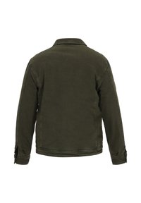 Donkergroene jas met een rugpand, lange mouwen en knoopmanchetten. Gemaakt van gladde stof met een ontspannen pasvorm en minimalistisch ontwerp.