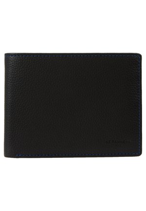 Portafoglio in pelle nera con finitura testurizzata e accenti di cucitura blu. Presenta un design semplice a bi-fold. Logo impresso in basso a destra.