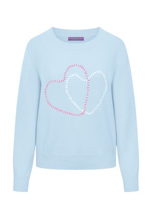Lichtblauwe trui met lange mouwen, voorzien van twee opgestikte hartcontouren in roze en wit aan de voorkant, ronde halslijn, geribbelde manchetten en zoom.