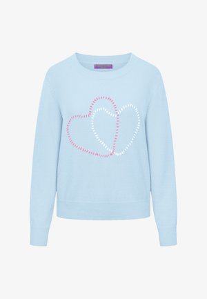 Lichtblauwe trui met lange mouwen, voorzien van twee opgestikte hartcontouren in roze en wit aan de voorkant, ronde halslijn, geribbelde manchetten en zoom.