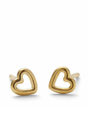 Pereche de cercei mici, aurii, de tip stud în formă de inimă deschisă, cu finisaj neted și lustruit pe fundal alb.