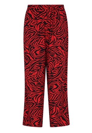 Rdeče in črne hlače z vrtinčastim zebrinim vzorcem, elastičen pas, lahka tkanina in sproščen kroj.