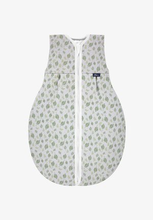 Schlafsack aus weichem Stoff mit einem Reißverschluss. Er hat einen weißen Hintergrund mit grünen Blattmustern.