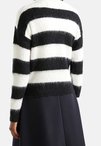 Zadní pohled na osobu oblečenou v černo-bílém pruhovaném fuzzy svetru a tmavé sukni na jednobarevném pozadí.