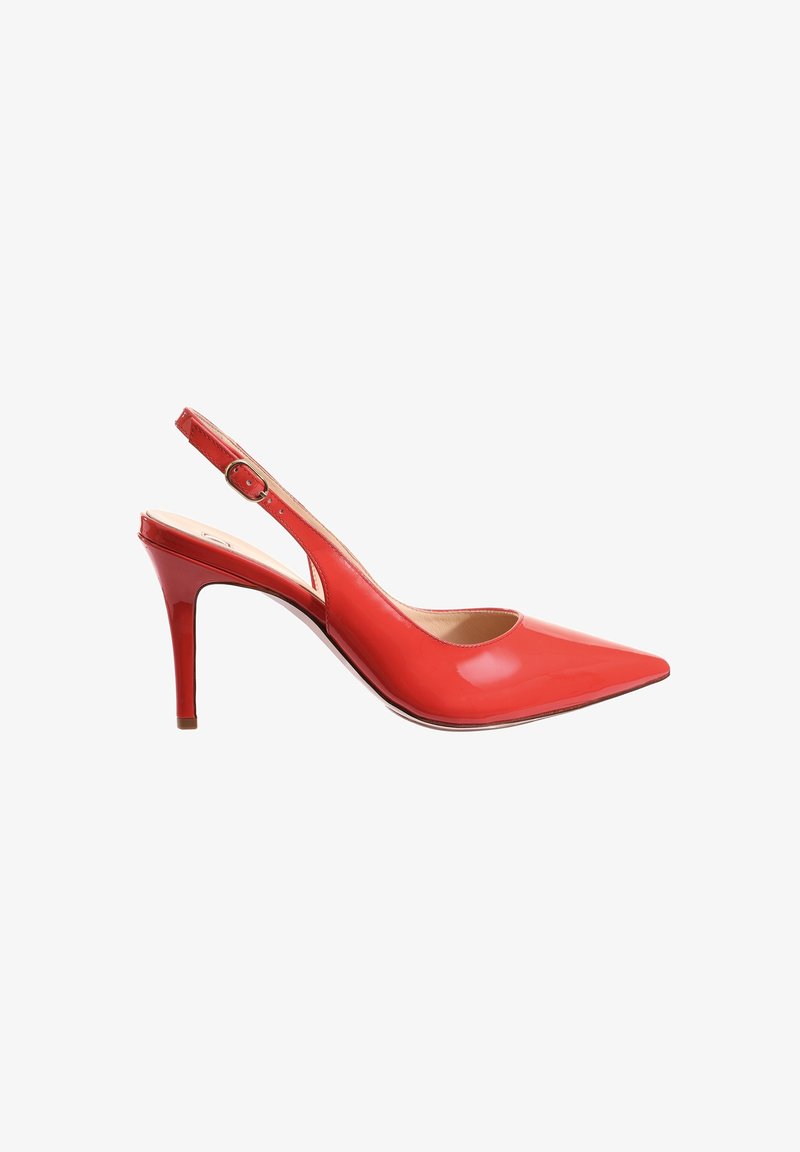 Escarpins slingback en cuir verni rouge avec un nez pointu et un talon aiguille élégant. Bride de cheville réglable avec détail de boucle.