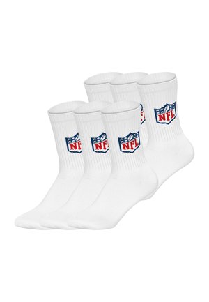 White crew socks, ribbed design, featuring a blue and red NFL logo. Set of five pairs, made from a soft, stretchy material.