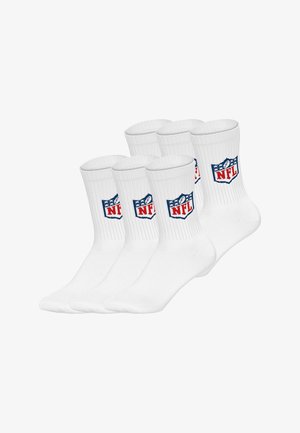 White crew socks, ribbed design, featuring a blue and red NFL logo. Set of five pairs, made from a soft, stretchy material.