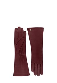 Bordeauxfarbene Lederhandschuhe mit glatter Textur, verlängertem Handgelenk und einem gerafften Detail am Handgelenk. Sie verfügen über einen kleinen silbernen Logo-Akzent.