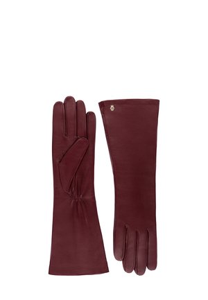 Bordeauxfarbene Lederhandschuhe mit glatter Textur, verlängertem Handgelenk und einem gerafften Detail am Handgelenk. Sie verfügen über einen kleinen silbernen Logo-Akzent.