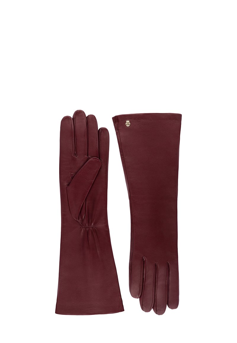 Bordeauxfarbene Lederhandschuhe mit glatter Textur, verlängertem Handgelenk und einem gerafften Detail am Handgelenk. Sie verfügen über einen kleinen silbernen Logo-Akzent.