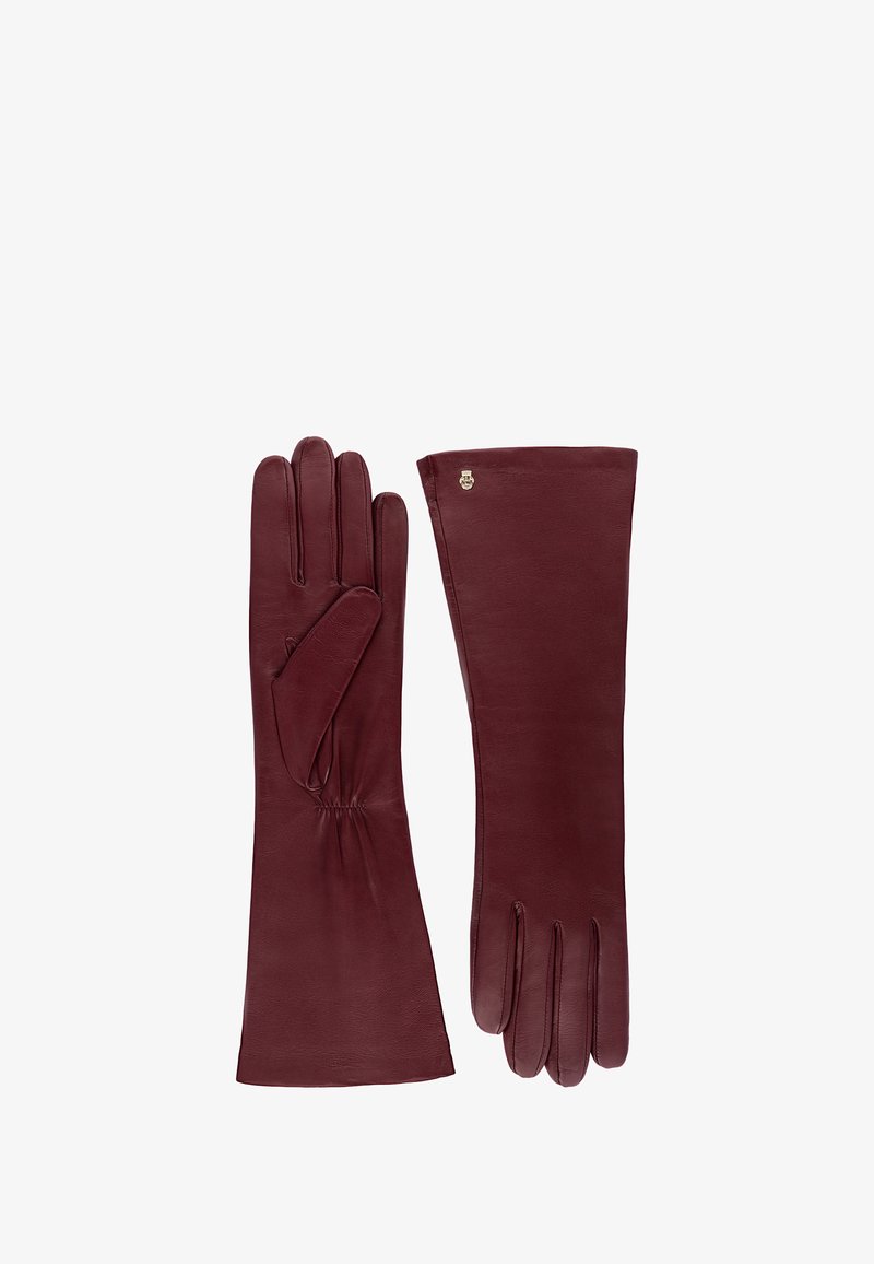 Burgundy leather gloves with a smooth texture, elongated wrist length, and a gathered detail at the wrist. Features a small silver logo accent.