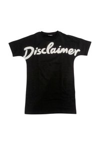 T-shirt nera in cotone con maniche corte, caratterizzata da un audace testo bianco "Disclaimer" sul petto in un font corsivo rilassato.