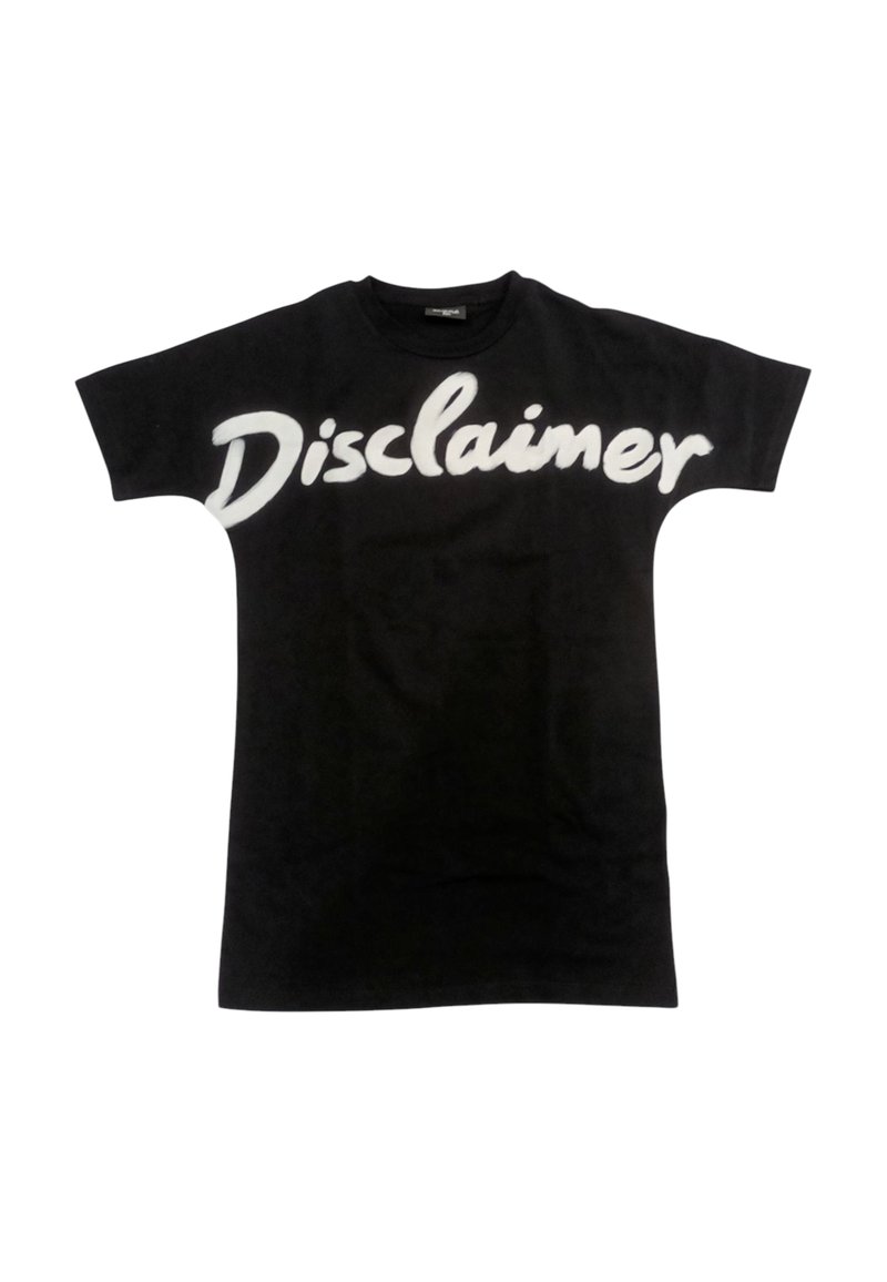 T-shirt nera in cotone con maniche corte, caratterizzata da un audace testo bianco "Disclaimer" sul petto in un font corsivo rilassato.