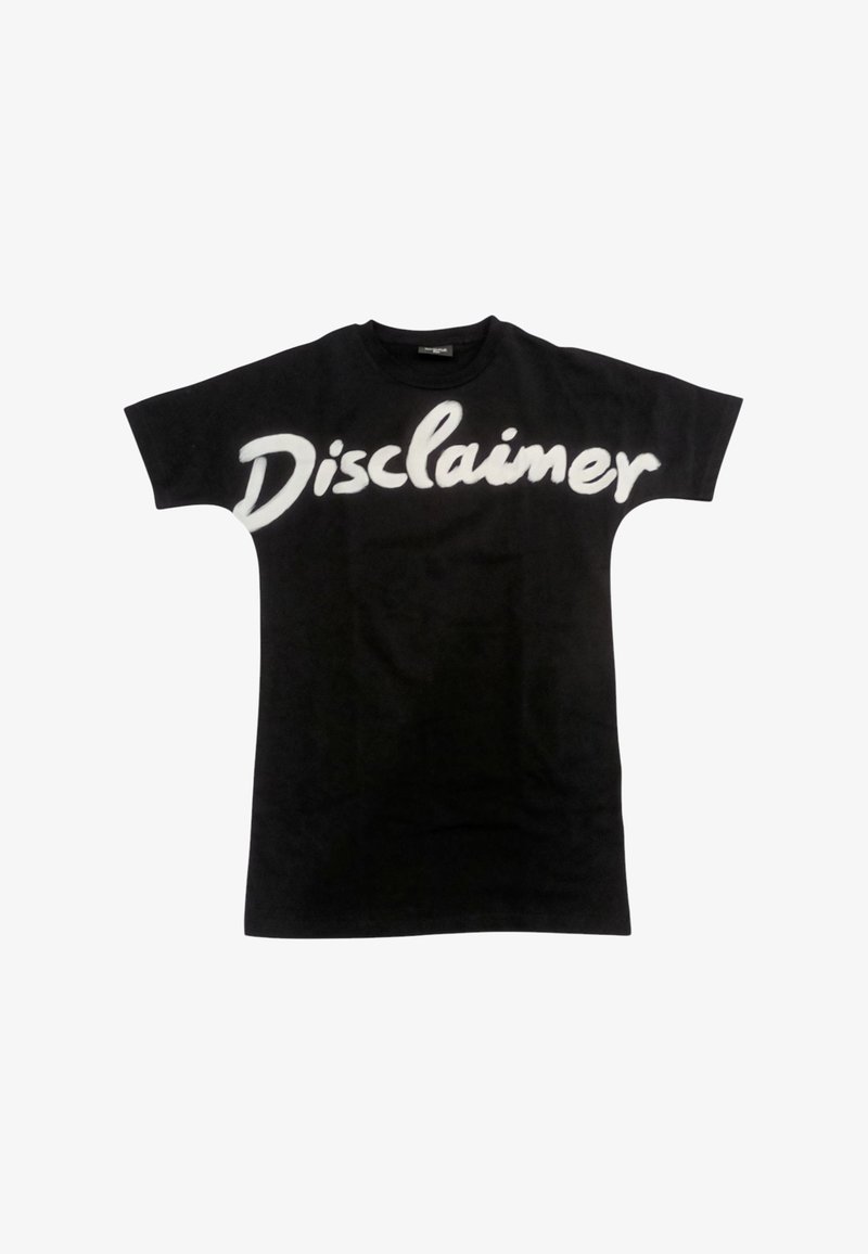 T-shirt nera in cotone con maniche corte, caratterizzata da un audace testo bianco "Disclaimer" sul petto in un font corsivo rilassato.