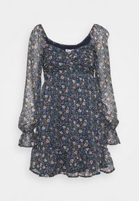 Květinové šaty s dlouhými, nafouknutými rukávy vyrobené z průsvitné látky. Námořnické pozadí s vícebarevnými květy. Řasený design korzetu.