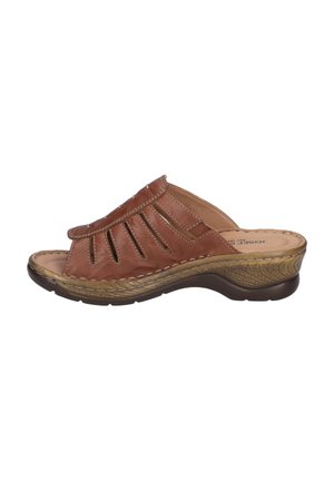 Brown leather slide sandal with cut-out design, textured sole, and curved heel. Features stitching accents and a cushioned insole.