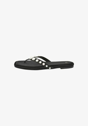 Sandalii flip-flop negri cu accente de perlă, având o talpă plată, curele subțiri și o textură netedă. Design minimalist pentru îmbrăcăminte casual.