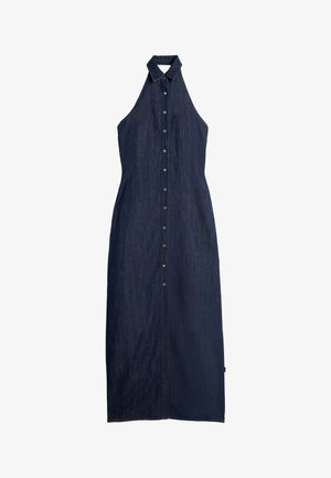 Donkerblauwe mouwloze spijkerjurk met halternek, kraag en drukknoopsluiting aan de voorkant, lang en recht gesneden.