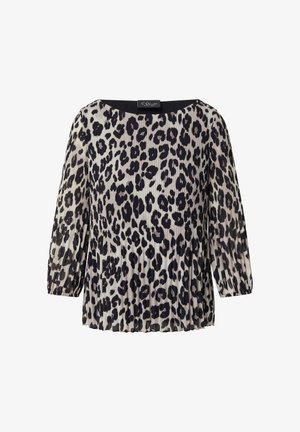Black and beige pleated top with a leopard print. Features a boat neckline and three-quarter sleeves. Fabric has a smooth texture.
