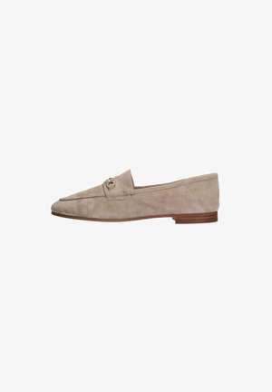 Beige suede loafers with a pointed toe, featuring a metallic accent on the front and a low brown heel. Smooth texture with minimalist design.