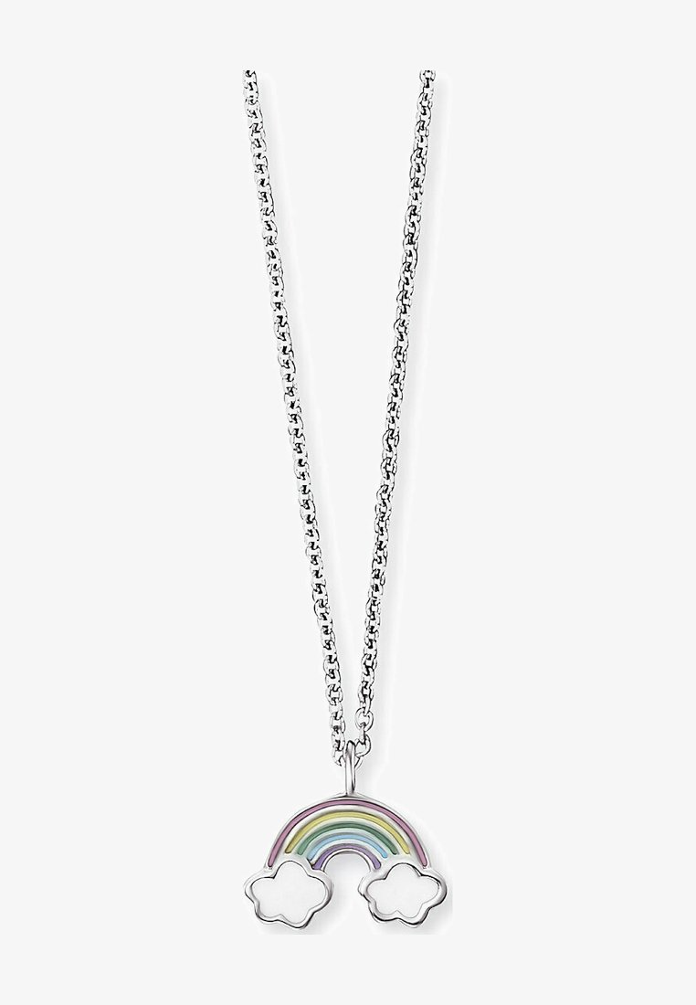 Syras halsband i silver med en regnbågependant i pastellfärger och två vita molnaccenter, tillverkat av ett slätt, glänsande material.