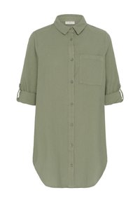 Robe chemise vert olive à manches 3/4 retroussées, avec poche poitrine et col pointu.