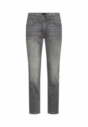 Slim-fit herenjeans van grijze denim met voorzakken, riemlussen en een knoopsluiting.