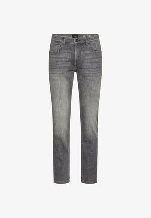 Slim-fit herenjeans van grijze denim met voorzakken, riemlussen en een knoopsluiting.
