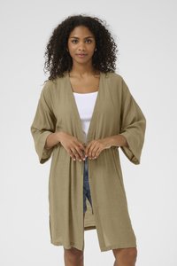 Olivově zelený, lehký kimono do půlky stehen se širokými rukávy a staženým pasem. Texturovaná tkanina s otevřeným předním designem.