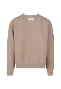 Beżowy sweter dzianinowy z okrągłym dekoltem, prążkowanymi mankietami i dołem. Z tyłu znajduje się metka przy dekolcie. Miękka faktura i luźny krój.