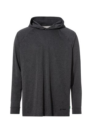 Dunkelgraues Langarm-Hoodie mit Raglanärmeln, leichtem Stoff, subtiler Textur und Logo-Detail nahe dem Saum.