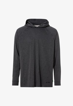 Dunkelgraues Langarm-Hoodie mit Raglanärmeln, leichtem Stoff, subtiler Textur und Logo-Detail nahe dem Saum.