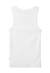 Haut débardeur blanc côtelé sans manches avec un col rond, vu de dos sur un fond blanc uni.