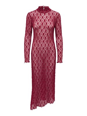 Long-sleeve, burgundy lace dress with high neckline, keyhole back, and asymmetrical hemline.