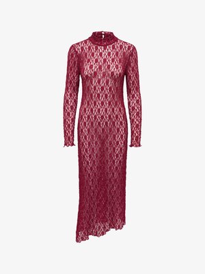 Long-sleeve, burgundy lace dress with high neckline, keyhole back, and asymmetrical hemline.