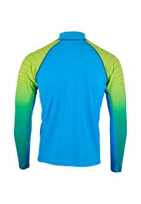 Langärmliges Sportshirt in leuchtendem Blau mit grünen, verlaufenden Ärmeln, die gepunktete Muster aufweisen. Leichter, dehnbarer Stoff. Hoher Kragen.