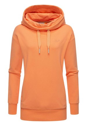 Orange sweatshirt featuring a large cowl neck, drawstrings, long sleeves, and a ribbed hem. Soft texture with subtle logo detail on the chest.