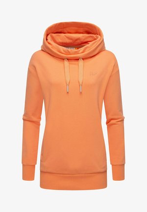 Sweatshirt orange avec un grand col cheminé, des cordons de serrage, des manches longues et un ourlet côtelé. Texture douce avec un détail de logo subtil sur la poitrine.
